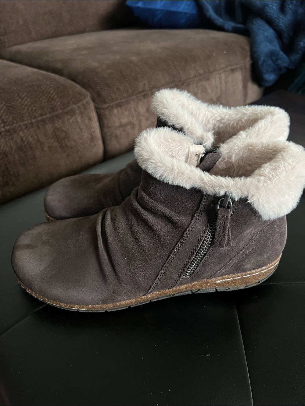 Earth Chocolate Brown Suede Ankle Boots with Cream Faux Fur - Picture 2 of 5